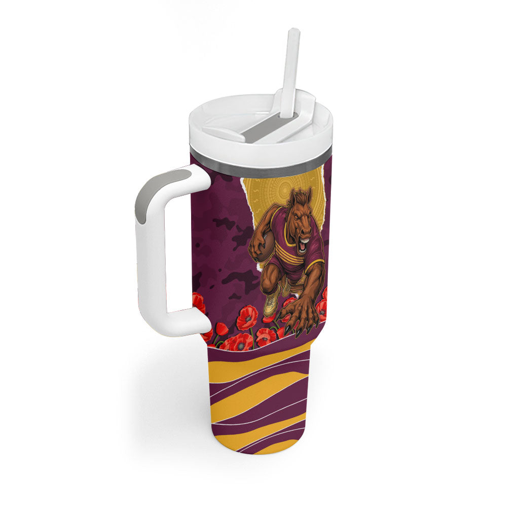 Personalized Brisbane Broncos ANZAC Tribute Tumbler With Handle Poppy Field Soldier Silhouette Aboriginal Rugby Mascot