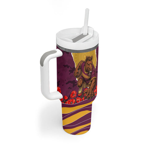 Personalized Brisbane Broncos ANZAC Tribute Tumbler With Handle Poppy Field Soldier Silhouette Aboriginal Rugby Mascot