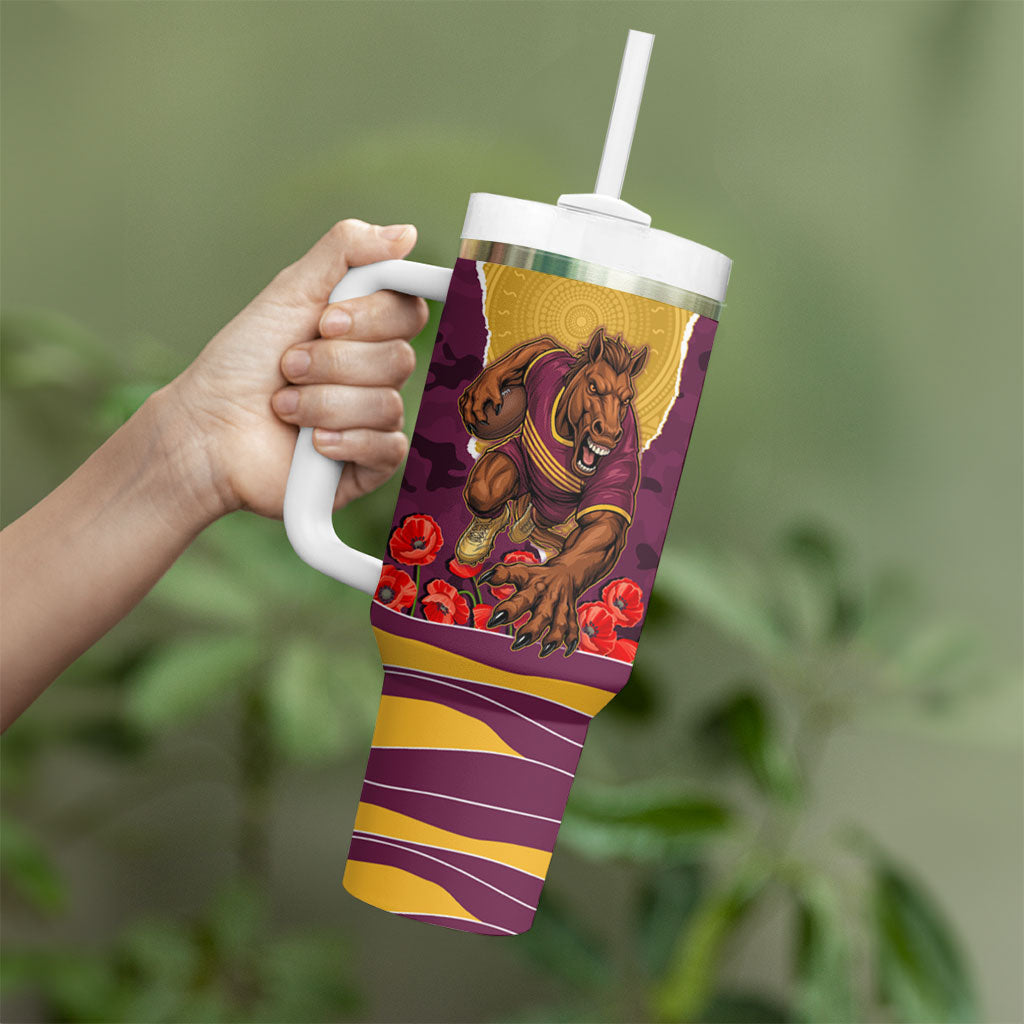 Personalized Brisbane Broncos ANZAC Tribute Tumbler With Handle Poppy Field Soldier Silhouette Aboriginal Rugby Mascot