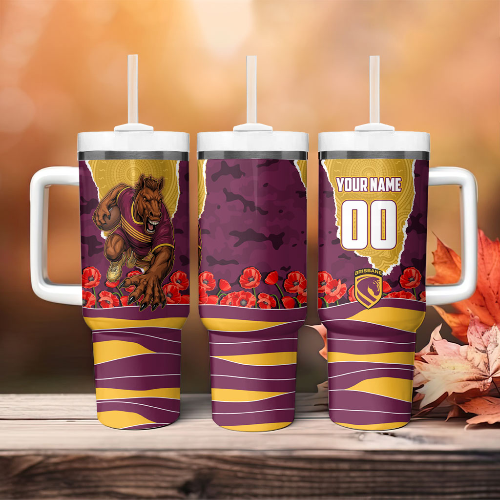 Personalized Brisbane Broncos ANZAC Tribute Tumbler With Handle Poppy Field Soldier Silhouette Aboriginal Rugby Mascot