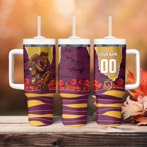 Personalized Brisbane Broncos ANZAC Tribute Tumbler With Handle Poppy Field Soldier Silhouette Aboriginal Rugby Mascot