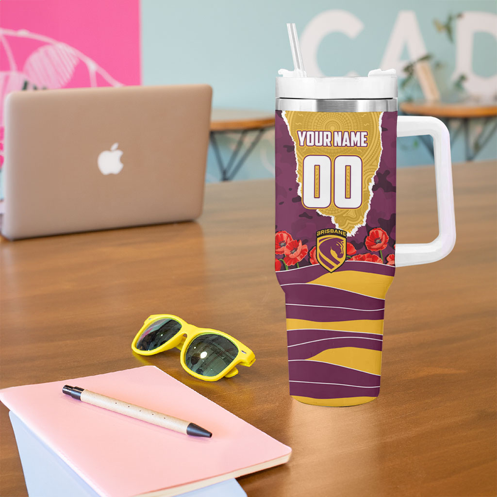 Personalized Brisbane Broncos ANZAC Tribute Tumbler With Handle Poppy Field Soldier Silhouette Aboriginal Rugby Mascot