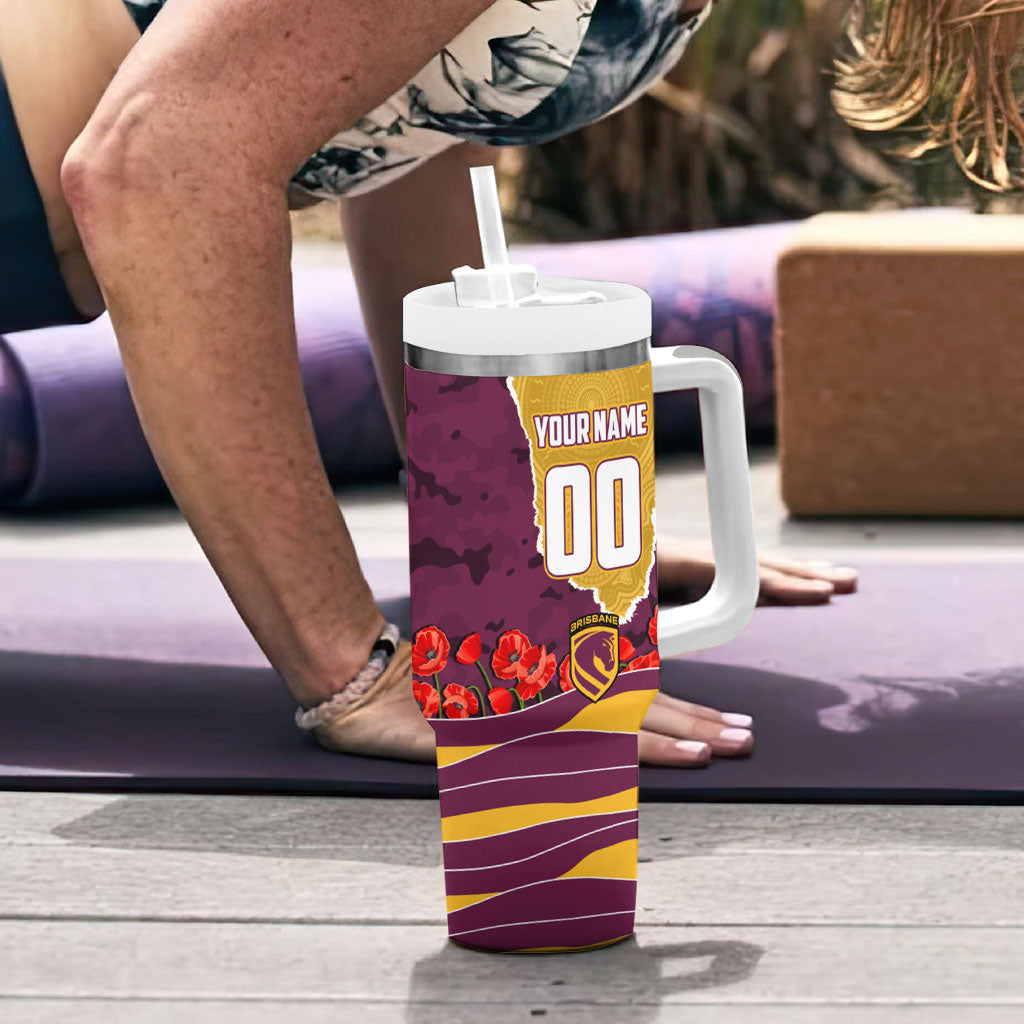 Personalized Brisbane Broncos ANZAC Tribute Tumbler With Handle Poppy Field Soldier Silhouette Aboriginal Rugby Mascot