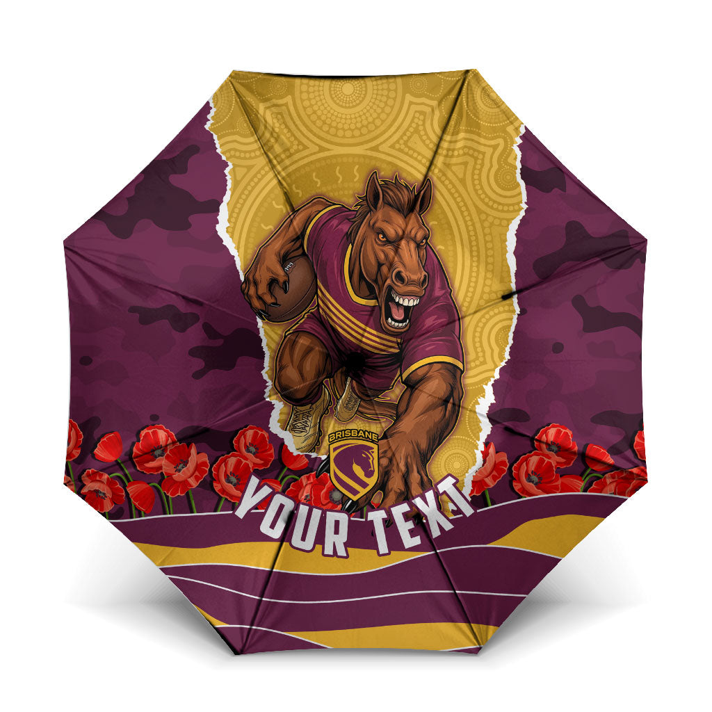 Personalized Brisbane Broncos ANZAC Tribute Umbrella Poppy Field Soldier Silhouette Aboriginal Rugby Mascot