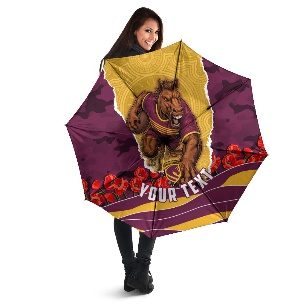 Personalized Brisbane Broncos ANZAC Tribute Umbrella Poppy Field Soldier Silhouette Aboriginal Rugby Mascot