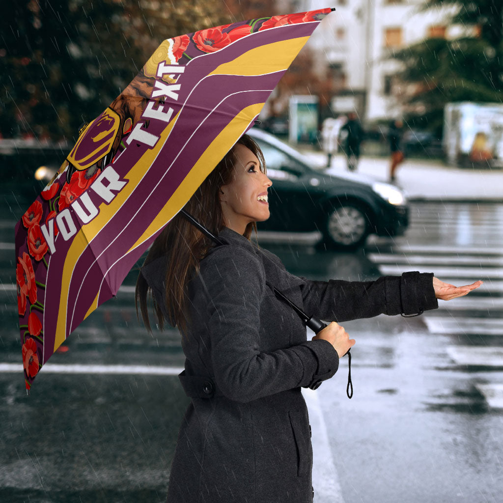 Personalized Brisbane Broncos ANZAC Tribute Umbrella Poppy Field Soldier Silhouette Aboriginal Rugby Mascot