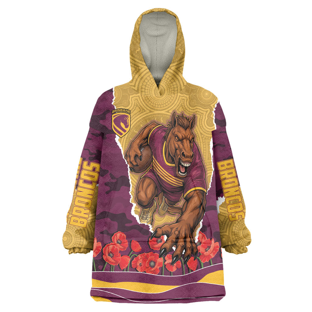 Personalized Brisbane Broncos ANZAC Tribute Wearable Blanket Hoodie Poppy Field Soldier Silhouette Aboriginal Rugby Mascot
