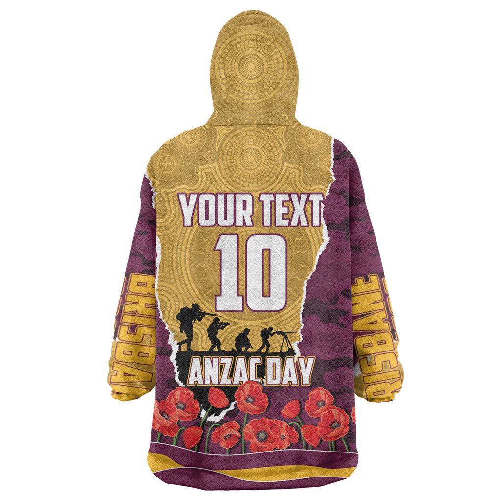 Personalized Brisbane Broncos ANZAC Tribute Wearable Blanket Hoodie Poppy Field Soldier Silhouette Aboriginal Rugby Mascot