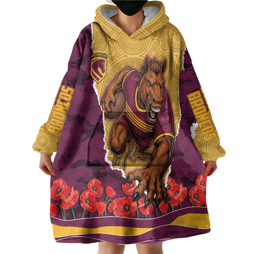 Personalized Brisbane Broncos ANZAC Tribute Wearable Blanket Hoodie Poppy Field Soldier Silhouette Aboriginal Rugby Mascot