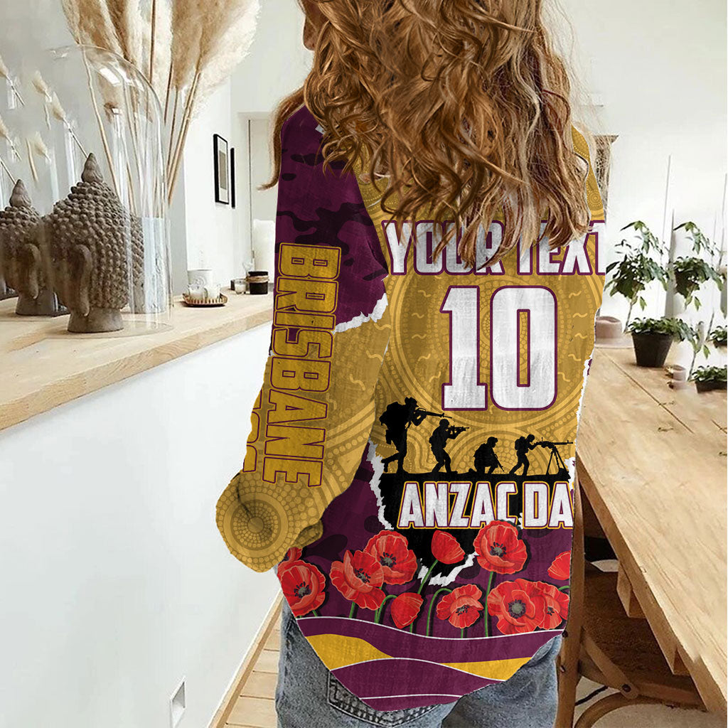 Personalized Brisbane Broncos ANZAC Tribute Women Casual Shirt Poppy Field Soldier Silhouette Aboriginal Rugby Mascot