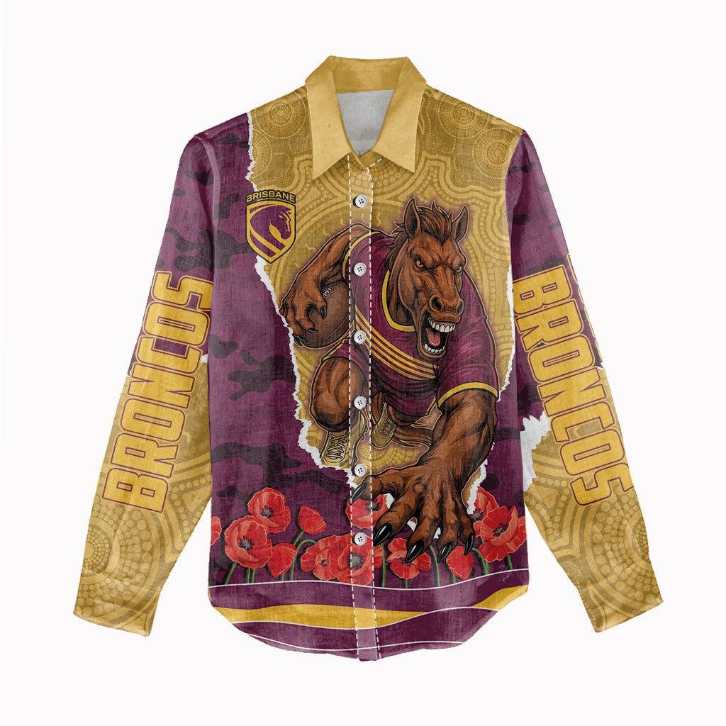 Personalized Brisbane Broncos ANZAC Tribute Women Casual Shirt Poppy Field Soldier Silhouette Aboriginal Rugby Mascot