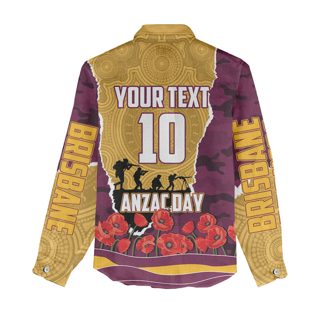 Personalized Brisbane Broncos ANZAC Tribute Women Casual Shirt Poppy Field Soldier Silhouette Aboriginal Rugby Mascot