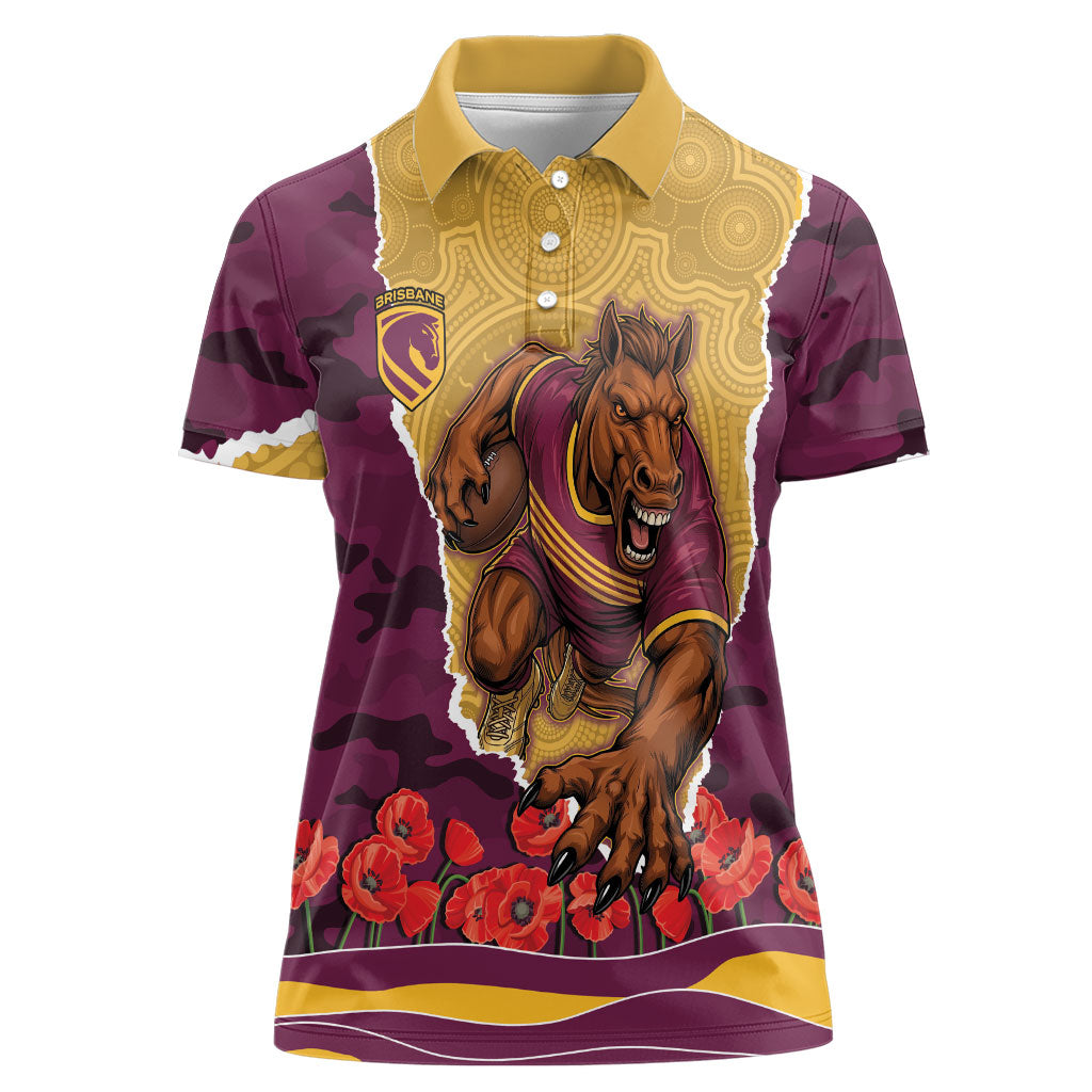 Personalized Brisbane Broncos ANZAC Tribute Women Polo Shirt Poppy Field Soldier Silhouette Aboriginal Rugby Mascot