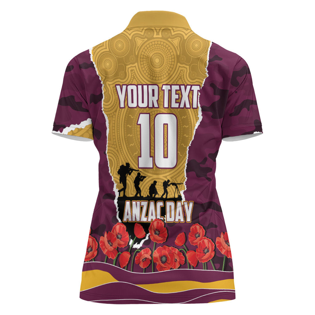 Personalized Brisbane Broncos ANZAC Tribute Women Polo Shirt Poppy Field Soldier Silhouette Aboriginal Rugby Mascot