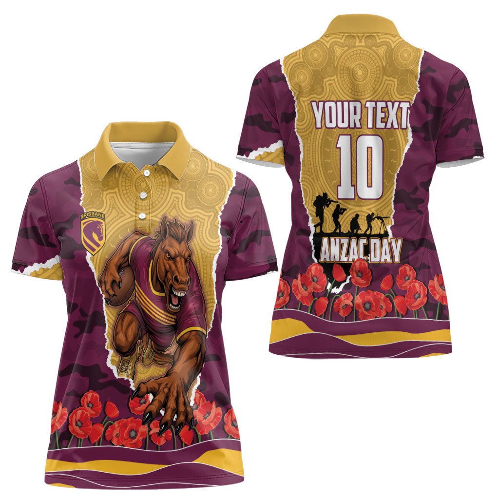 Personalized Brisbane Broncos ANZAC Tribute Women Polo Shirt Poppy Field Soldier Silhouette Aboriginal Rugby Mascot