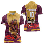 Personalized Brisbane Broncos ANZAC Tribute Women Polo Shirt Poppy Field Soldier Silhouette Aboriginal Rugby Mascot