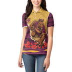 Personalized Brisbane Broncos ANZAC Tribute Women Polo Shirt Poppy Field Soldier Silhouette Aboriginal Rugby Mascot