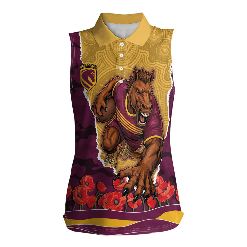 Personalized Brisbane Broncos ANZAC Tribute Women Sleeveless Polo Shirt Poppy Field Soldier Silhouette Aboriginal Rugby Mascot
