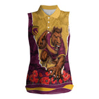 Personalized Brisbane Broncos ANZAC Tribute Women Sleeveless Polo Shirt Poppy Field Soldier Silhouette Aboriginal Rugby Mascot