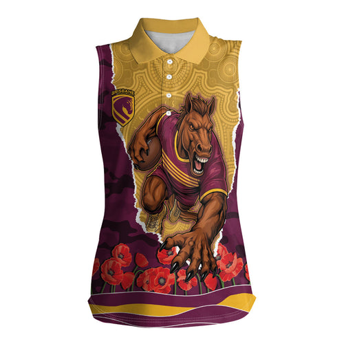 Personalized Brisbane Broncos ANZAC Tribute Women Sleeveless Polo Shirt Poppy Field Soldier Silhouette Aboriginal Rugby Mascot