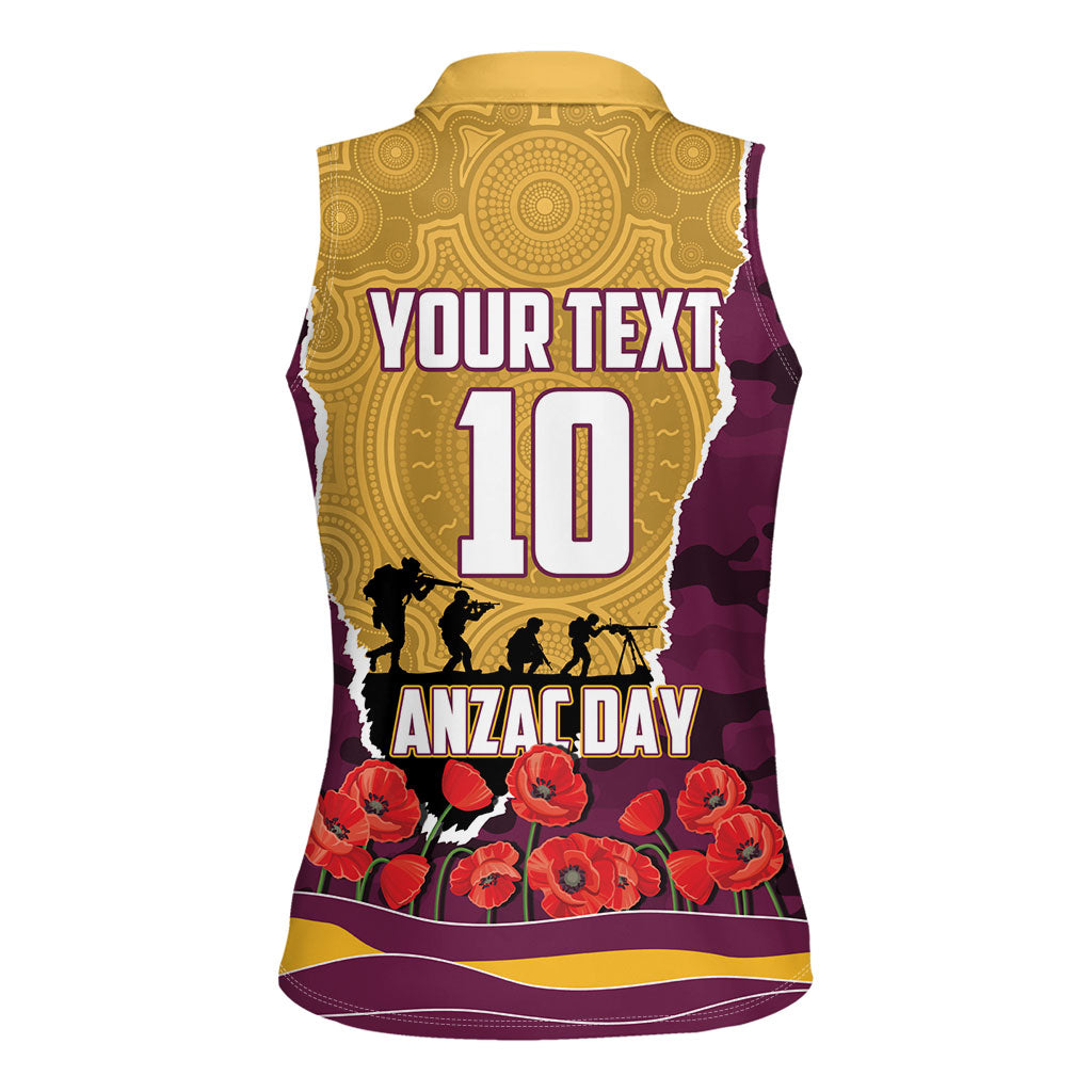 Personalized Brisbane Broncos ANZAC Tribute Women Sleeveless Polo Shirt Poppy Field Soldier Silhouette Aboriginal Rugby Mascot
