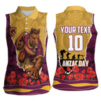 Personalized Brisbane Broncos ANZAC Tribute Women Sleeveless Polo Shirt Poppy Field Soldier Silhouette Aboriginal Rugby Mascot