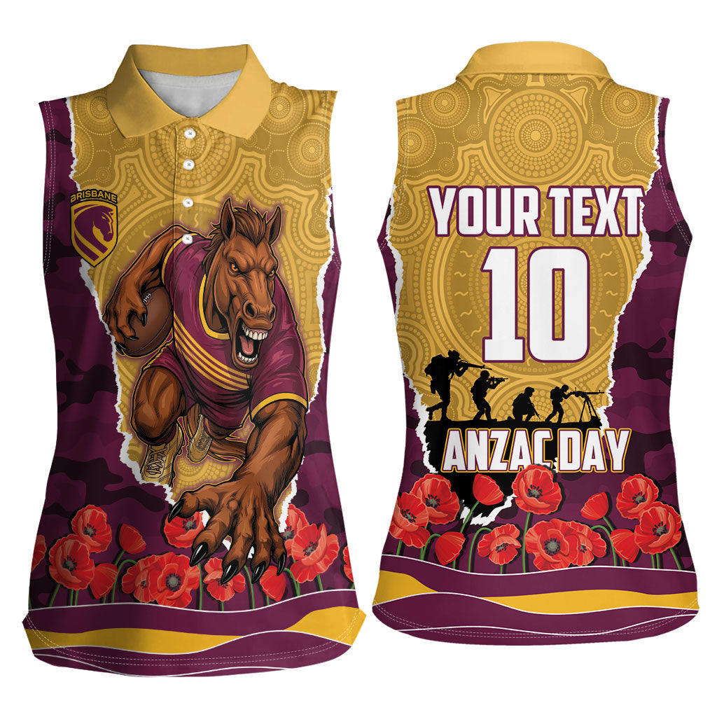 Personalized Brisbane Broncos ANZAC Tribute Women Sleeveless Polo Shirt Poppy Field Soldier Silhouette Aboriginal Rugby Mascot