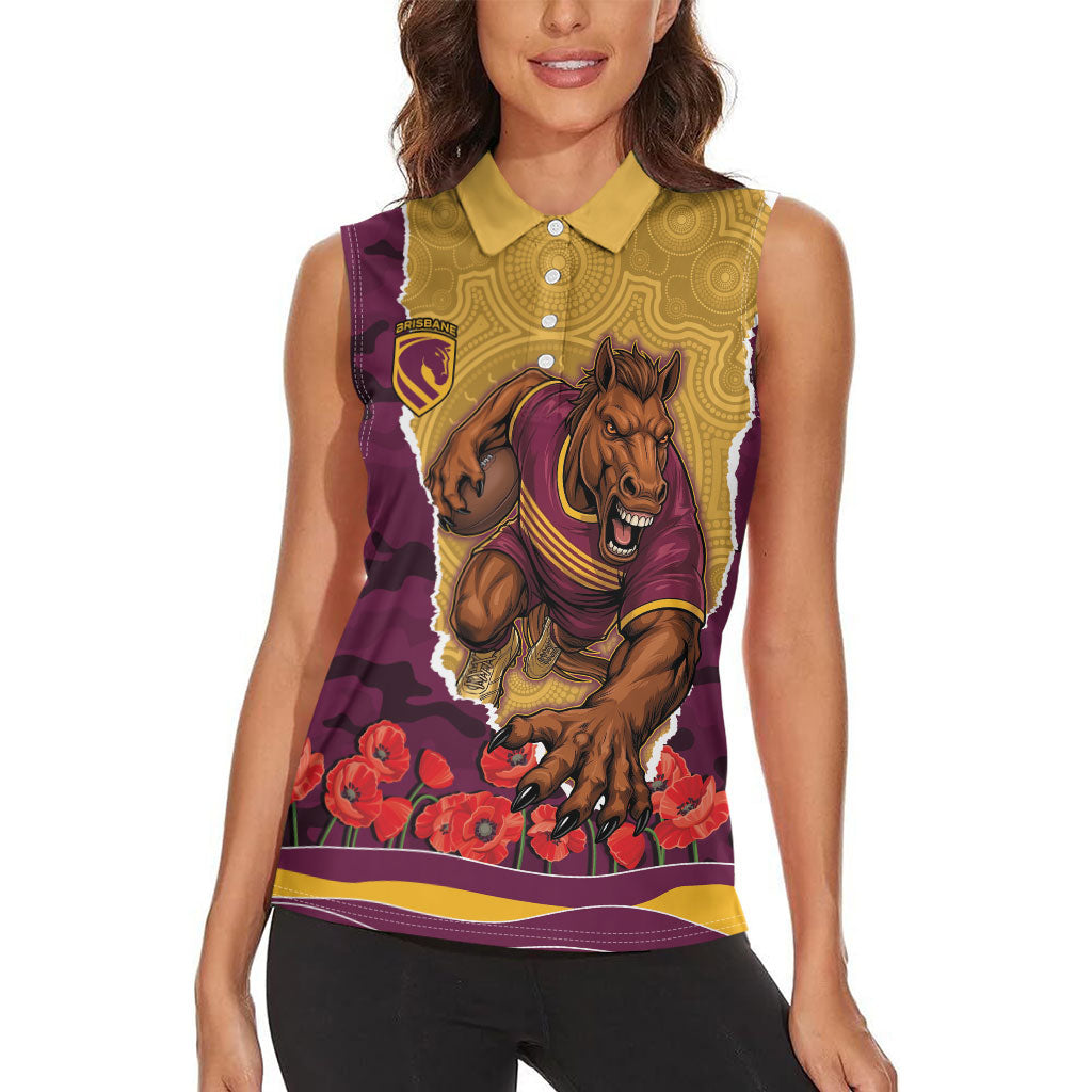 Personalized Brisbane Broncos ANZAC Tribute Women Sleeveless Polo Shirt Poppy Field Soldier Silhouette Aboriginal Rugby Mascot