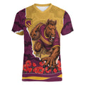 Personalized Brisbane Broncos ANZAC Tribute Women V-Neck T-Shirt Poppy Field Soldier Silhouette Aboriginal Rugby Mascot
