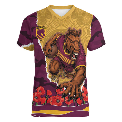 Personalized Brisbane Broncos ANZAC Tribute Women V-Neck T-Shirt Poppy Field Soldier Silhouette Aboriginal Rugby Mascot