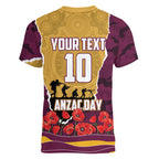 Personalized Brisbane Broncos ANZAC Tribute Women V-Neck T-Shirt Poppy Field Soldier Silhouette Aboriginal Rugby Mascot