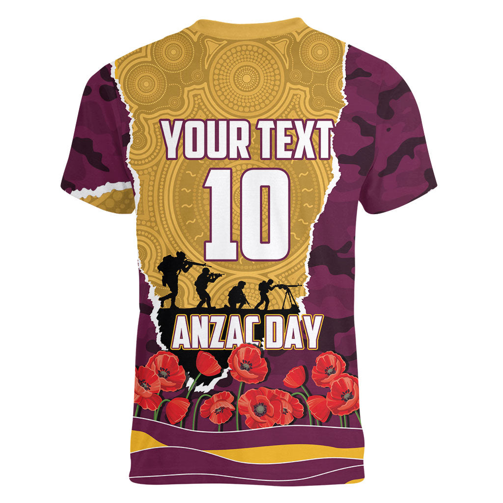 Personalized Brisbane Broncos ANZAC Tribute Women V-Neck T-Shirt Poppy Field Soldier Silhouette Aboriginal Rugby Mascot