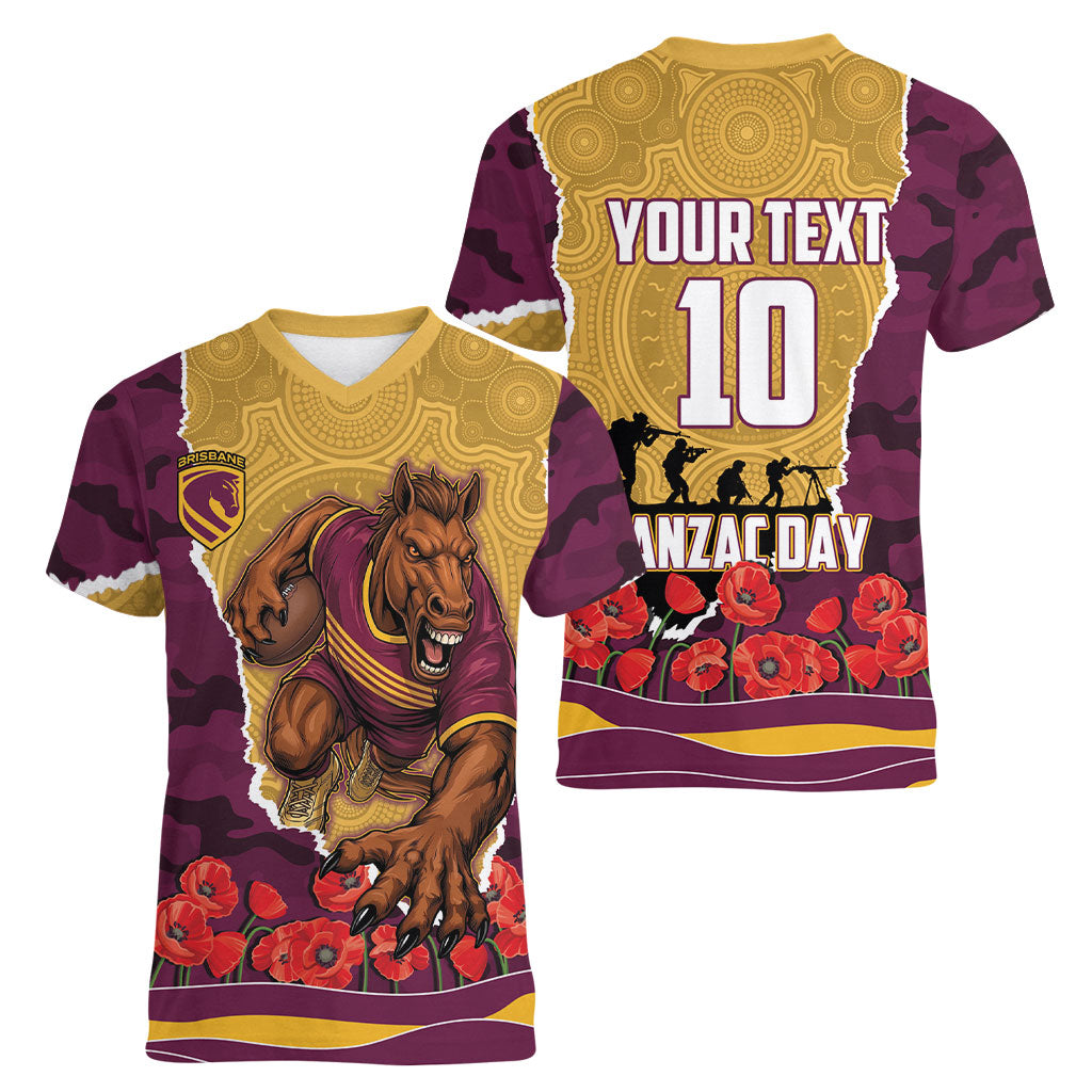Personalized Brisbane Broncos ANZAC Tribute Women V-Neck T-Shirt Poppy Field Soldier Silhouette Aboriginal Rugby Mascot