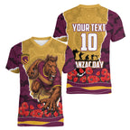 Personalized Brisbane Broncos ANZAC Tribute Women V-Neck T-Shirt Poppy Field Soldier Silhouette Aboriginal Rugby Mascot