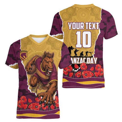 Personalized Brisbane Broncos ANZAC Tribute Women V-Neck T-Shirt Poppy Field Soldier Silhouette Aboriginal Rugby Mascot