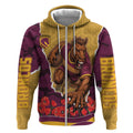 Personalized Brisbane Broncos ANZAC Tribute Zip Hoodie Poppy Field Soldier Silhouette Aboriginal Rugby Mascot