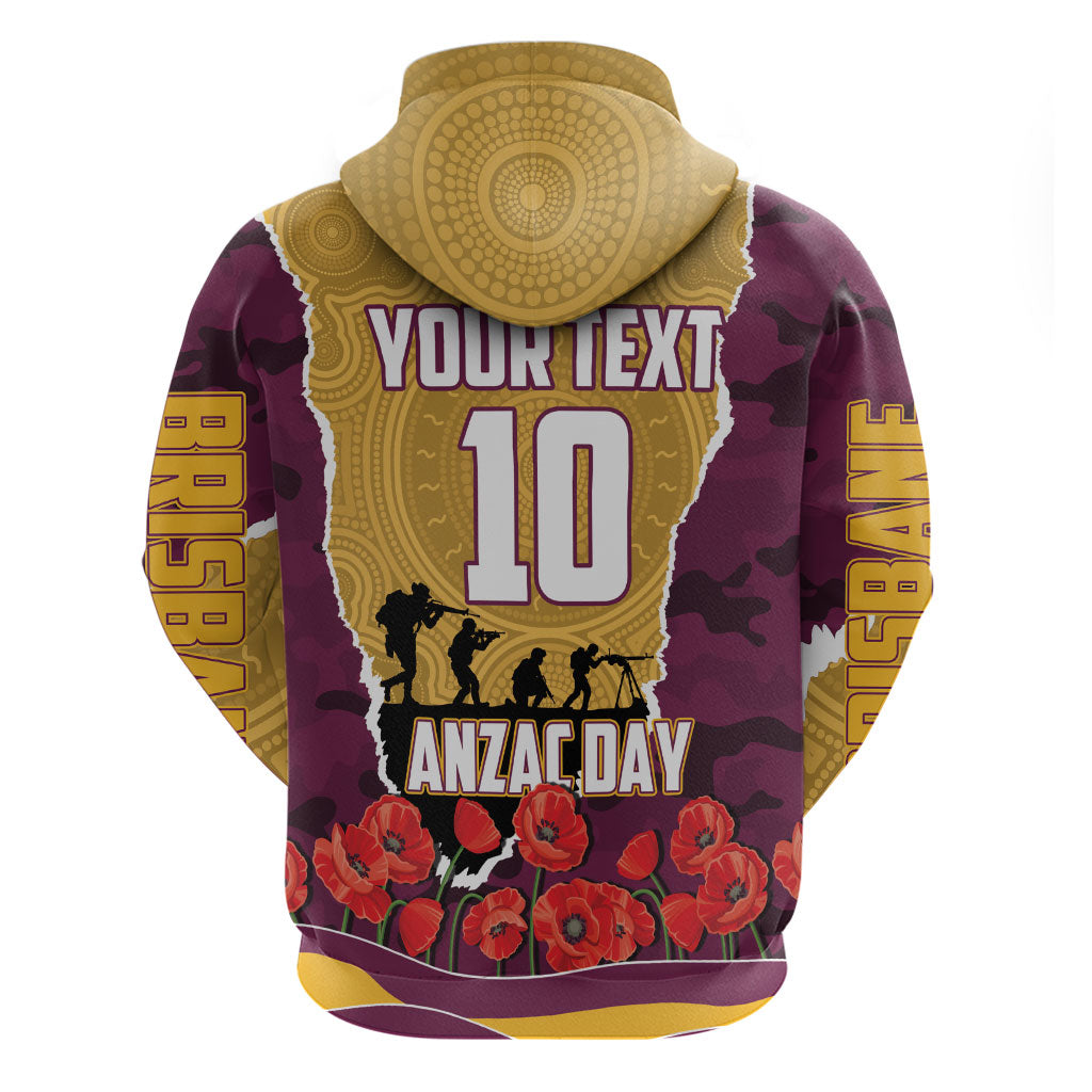 Personalized Brisbane Broncos ANZAC Tribute Zip Hoodie Poppy Field Soldier Silhouette Aboriginal Rugby Mascot