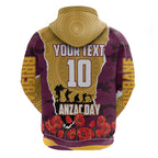 Personalized Brisbane Broncos ANZAC Tribute Zip Hoodie Poppy Field Soldier Silhouette Aboriginal Rugby Mascot
