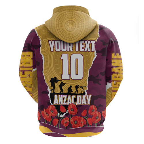 Personalized Brisbane Broncos ANZAC Tribute Zip Hoodie Poppy Field Soldier Silhouette Aboriginal Rugby Mascot