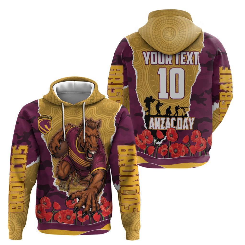 Personalized Brisbane Broncos ANZAC Tribute Zip Hoodie Poppy Field Soldier Silhouette Aboriginal Rugby Mascot