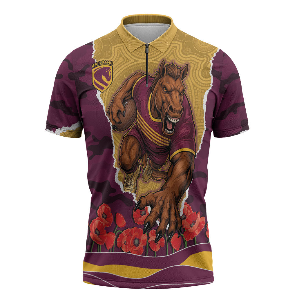 Personalized Brisbane Broncos ANZAC Tribute Zipper Polo Shirt Poppy Field Soldier Silhouette Aboriginal Rugby Mascot