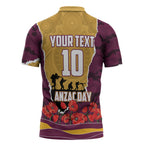 Personalized Brisbane Broncos ANZAC Tribute Zipper Polo Shirt Poppy Field Soldier Silhouette Aboriginal Rugby Mascot
