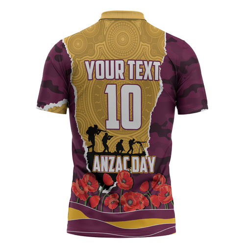 Personalized Brisbane Broncos ANZAC Tribute Zipper Polo Shirt Poppy Field Soldier Silhouette Aboriginal Rugby Mascot
