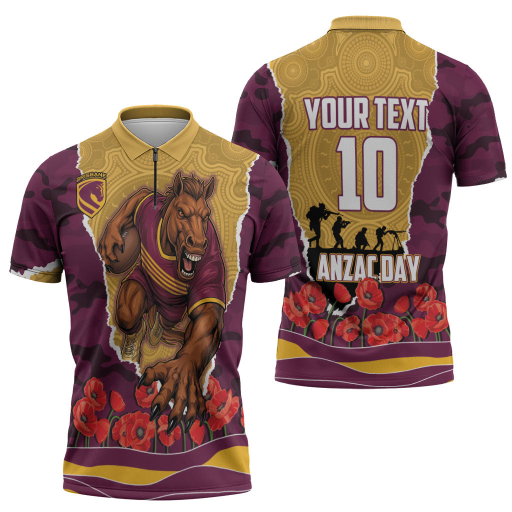 Personalized Brisbane Broncos ANZAC Tribute Zipper Polo Shirt Poppy Field Soldier Silhouette Aboriginal Rugby Mascot