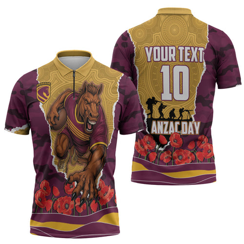 Personalized Brisbane Broncos ANZAC Tribute Zipper Polo Shirt Poppy Field Soldier Silhouette Aboriginal Rugby Mascot