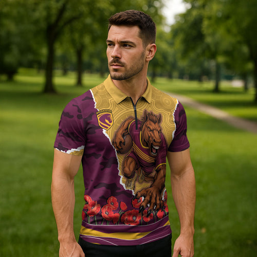 Personalized Brisbane Broncos ANZAC Tribute Zipper Polo Shirt Poppy Field Soldier Silhouette Aboriginal Rugby Mascot