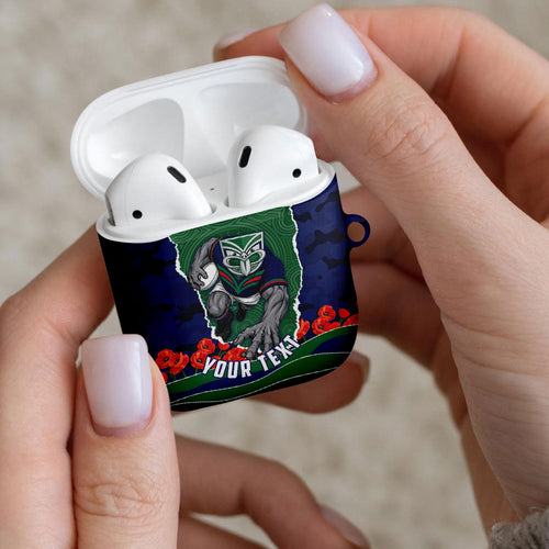 Personalized New Zealand Warriors ANZAC Tribute AirPods Case Poppy Field Soldier Silhouette Aboriginal Rugby Mascot