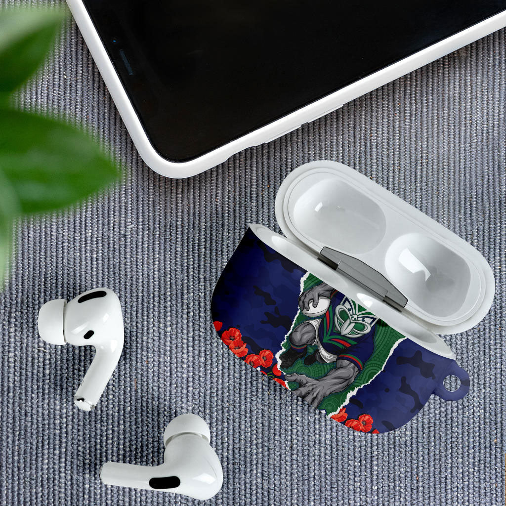 Personalized New Zealand Warriors ANZAC Tribute AirPods Case Poppy Field Soldier Silhouette Aboriginal Rugby Mascot