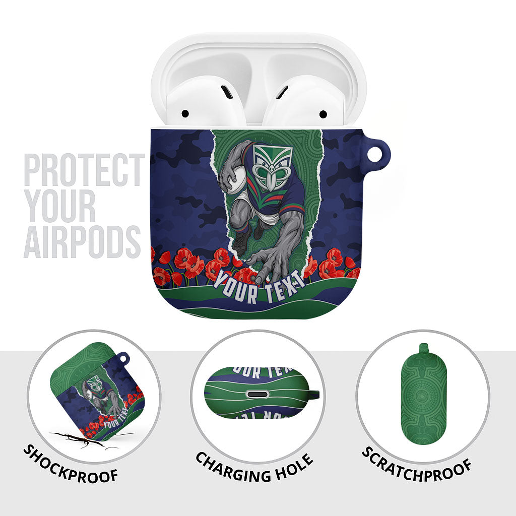 Personalized New Zealand Warriors ANZAC Tribute AirPods Case Poppy Field Soldier Silhouette Aboriginal Rugby Mascot