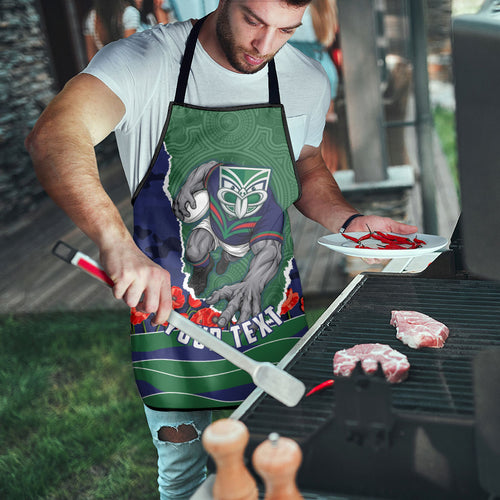 Personalized New Zealand Warriors ANZAC Tribute Apron Poppy Field Soldier Silhouette Aboriginal Rugby Mascot